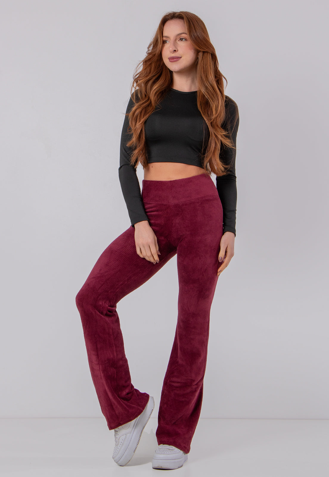 Cropped Calça Cintura Alta Flare Veludo Feminina Calça Veludo
