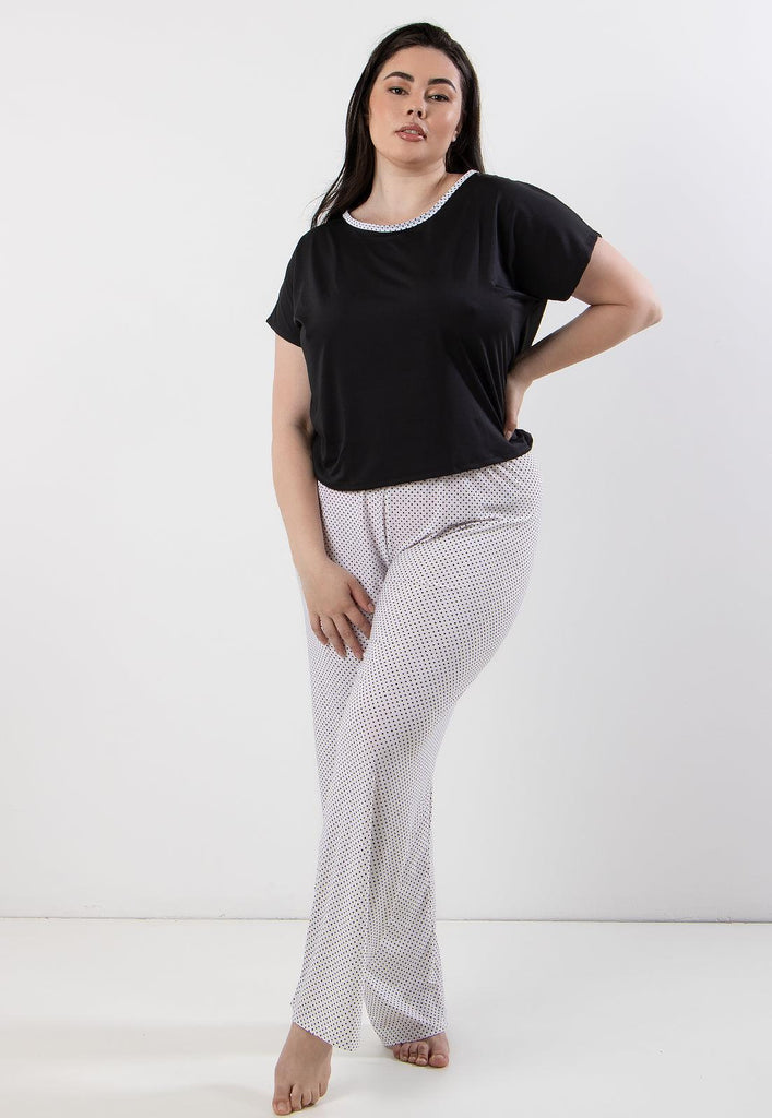 Pijama Plus Size Calça Estampada + Blusa Manga Curta Lisa - Diluxo