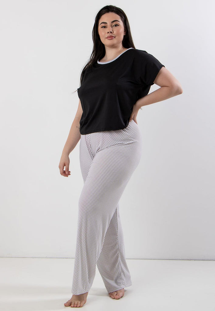 Pijama Plus Size Calça Estampada + Blusa Manga Curta Lisa - Diluxo