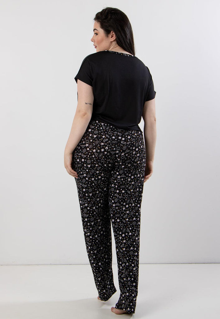 Pijama Plus Size Calça Estampada + Blusa Manga Curta Lisa - Diluxo