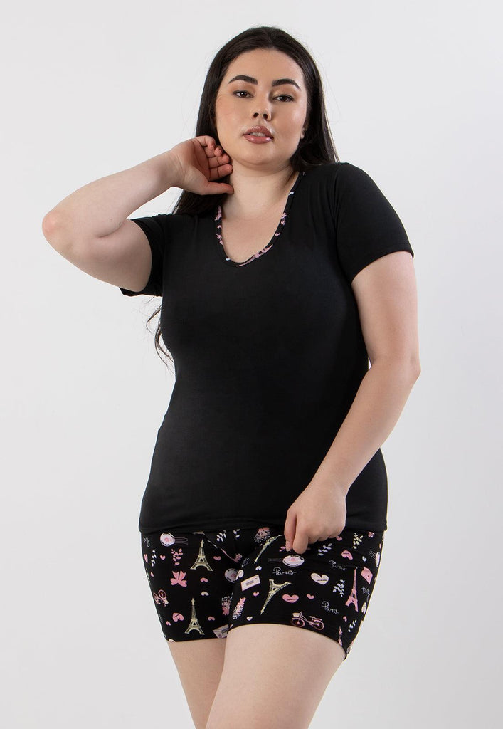 Baby Doll Plus Size Liganete Conforto Blusa Preta + Short Em Estampada Sortida - Diluxo