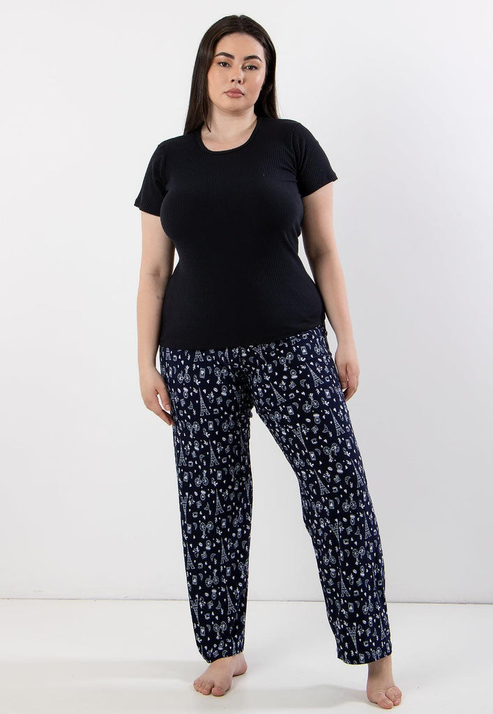 Pijama Plus Size Calça Estampada Liganete + Blusa Ribana Justa Manga Curta - Diluxo