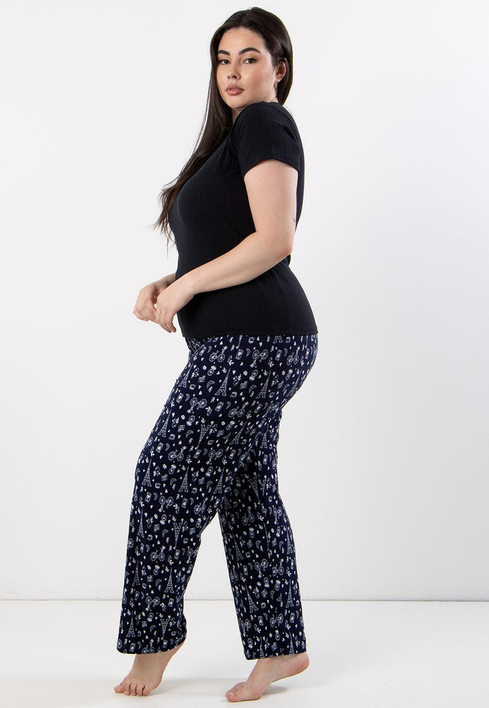 Pijama Plus Size Calça Estampada Liganete + Blusa Ribana Justa Manga Curta - Diluxo