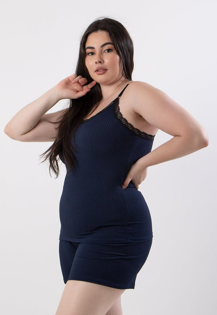 Baby Doll Plus Size Canelado Ribana Detalhe em Renda - Diluxo